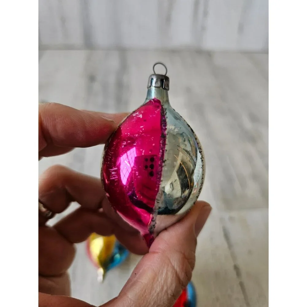 Vintage striped poland indent mini ornament reflector Mercury glass pink blue se